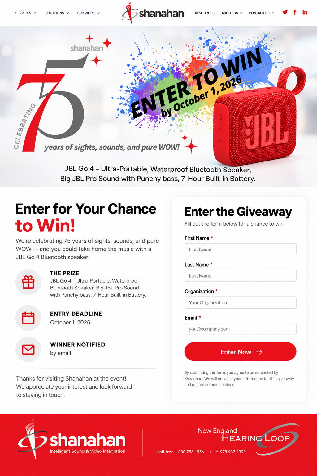 Shanahan 75th Anniversary Giveaway — enter by October 1, 2026 for a chance to win a JBL Go 4 speaker.